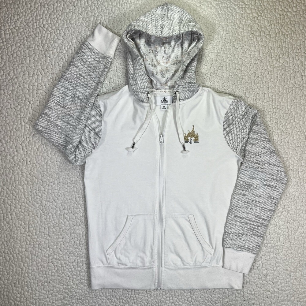 Disney Parks Zip‎ Hoodie Women's M Mickey Castle White Cozy Theme Park Cute